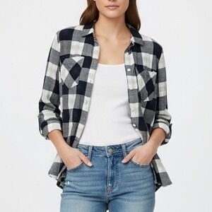 Thread & Supply Plaid Flannel Shirt Button Down Long Sleeve Navy Ivory M